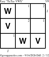 The grouppuzzles.com Easy TicTac-VWX puzzle for Wednesday September 16, 2026 with all 2 steps marked