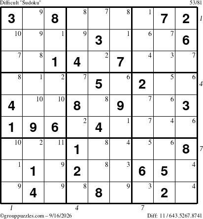 The grouppuzzles.com Difficult Sudoku puzzle for Wednesday September 16, 2026, suitable for printing, with all 11 steps marked