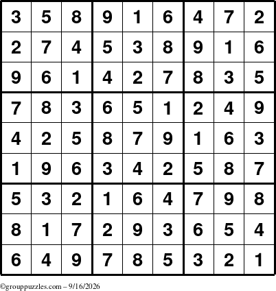 The grouppuzzles.com Answer grid for the Sudoku puzzle for Wednesday September 16, 2026