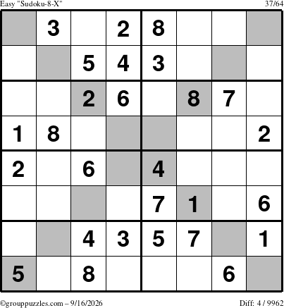 The grouppuzzles.com Easy Sudoku-8-X puzzle for Wednesday September 16, 2026