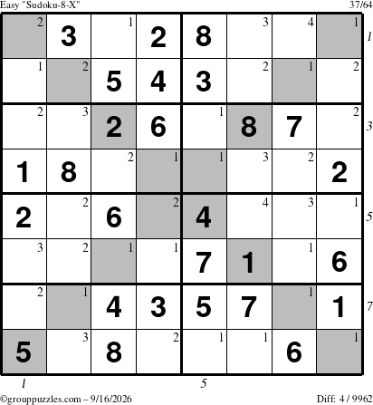 The grouppuzzles.com Easy Sudoku-8-X puzzle for Wednesday September 16, 2026, suitable for printing, with all 4 steps marked