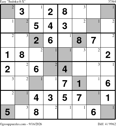The grouppuzzles.com Easy Sudoku-8-X puzzle for Wednesday September 16, 2026 with the first 3 steps marked
