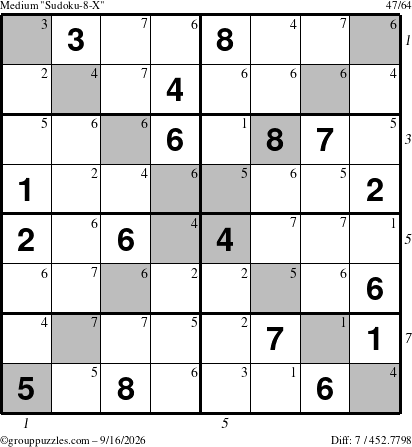 The grouppuzzles.com Medium Sudoku-8-X puzzle for Wednesday September 16, 2026, suitable for printing, with all 7 steps marked
