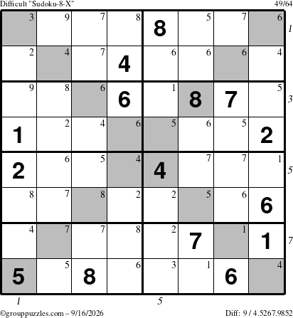 The grouppuzzles.com Difficult Sudoku-8-X puzzle for Wednesday September 16, 2026 with all 9 steps marked