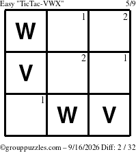 The grouppuzzles.com Easy TicTac-VWX puzzle for Wednesday September 16, 2026 with the first 2 steps marked