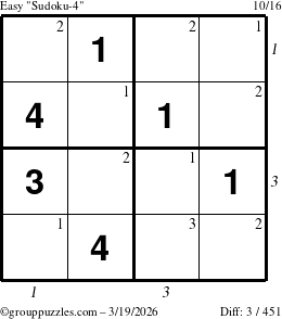 The grouppuzzles.com Easy Sudoku-4 puzzle for Thursday March 19, 2026, suitable for printing, with all 3 steps marked