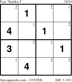 The grouppuzzles.com Easy Sudoku-4 puzzle for Thursday March 19, 2026 with the first 3 steps marked