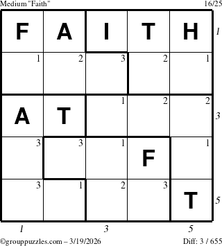 The grouppuzzles.com Medium Faith puzzle for Thursday March 19, 2026 with all 3 steps marked