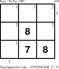 The grouppuzzles.com Easy TicTac-789 puzzle for Thursday March 19, 2026, suitable for printing, with all 2 steps marked