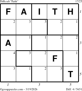 The grouppuzzles.com Difficult Faith puzzle for Thursday March 19, 2026, suitable for printing, with all 4 steps marked