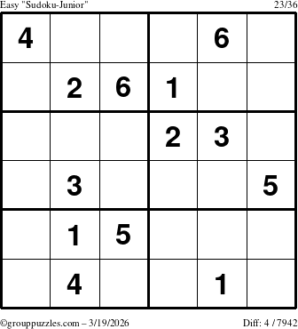 The grouppuzzles.com Easy Sudoku-Junior puzzle for Thursday March 19, 2026