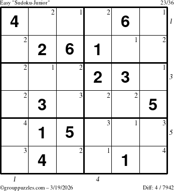 The grouppuzzles.com Easy Sudoku-Junior puzzle for Thursday March 19, 2026, suitable for printing, with all 4 steps marked
