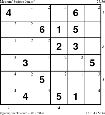 The grouppuzzles.com Medium Sudoku-Junior puzzle for Thursday March 19, 2026 with all 4 steps marked
