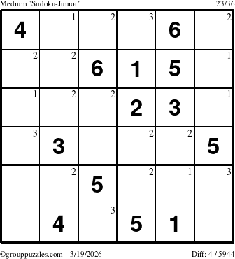 The grouppuzzles.com Medium Sudoku-Junior puzzle for Thursday March 19, 2026 with the first 3 steps marked