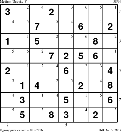 The grouppuzzles.com Medium Sudoku-8 puzzle for Thursday March 19, 2026, suitable for printing, with all 6 steps marked