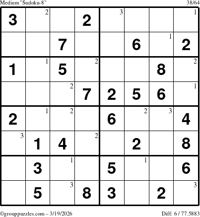 The grouppuzzles.com Medium Sudoku-8 puzzle for Thursday March 19, 2026 with the first 3 steps marked