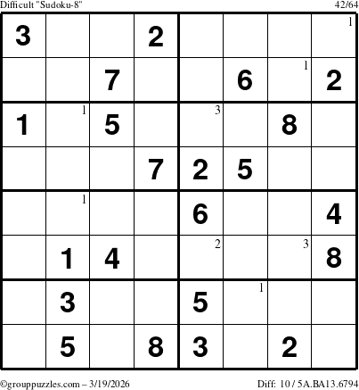 The grouppuzzles.com Difficult Sudoku-8 puzzle for Thursday March 19, 2026 with the first 3 steps marked