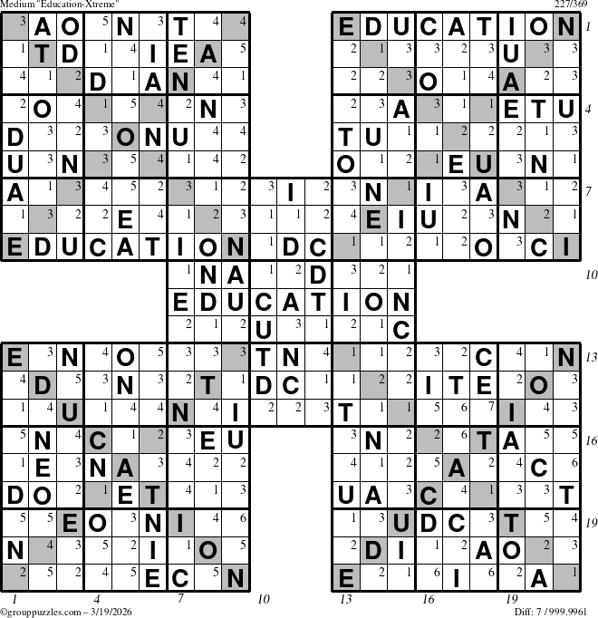 The grouppuzzles.com Medium Education-Xtreme puzzle for Thursday March 19, 2026 with all 7 steps marked