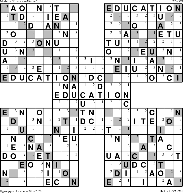 The grouppuzzles.com Medium Education-Xtreme puzzle for Thursday March 19, 2026 with the first 3 steps marked