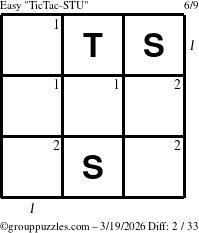 The grouppuzzles.com Easy TicTac-STU puzzle for Thursday March 19, 2026 with all 2 steps marked