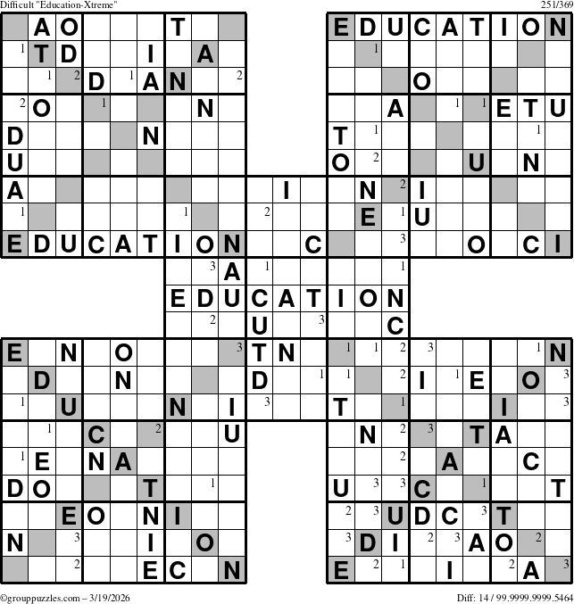 The grouppuzzles.com Difficult Education-Xtreme puzzle for Thursday March 19, 2026 with the first 3 steps marked