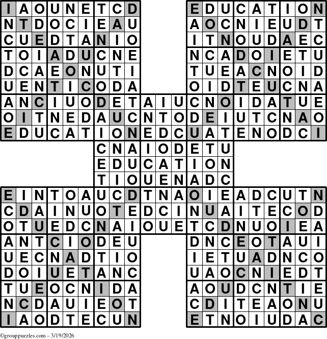 The grouppuzzles.com Answer grid for the Education-Xtreme puzzle for Thursday March 19, 2026