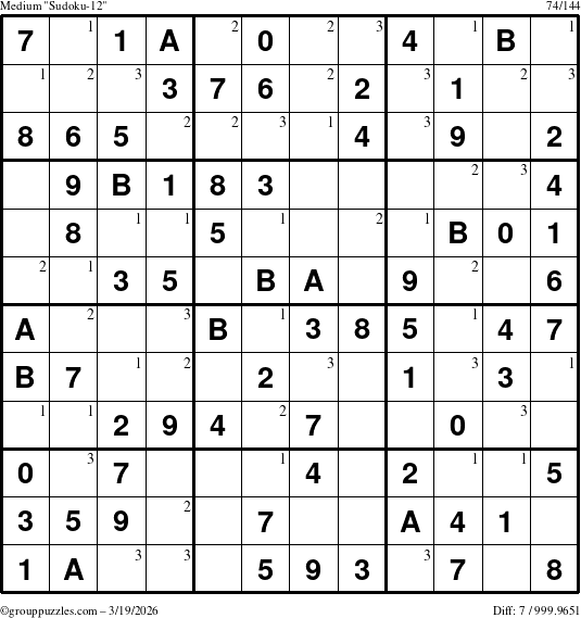 The grouppuzzles.com Medium Sudoku-12 puzzle for Thursday March 19, 2026 with the first 3 steps marked
