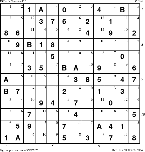 The grouppuzzles.com Difficult Sudoku-12 puzzle for Thursday March 19, 2026 with all 12 steps marked