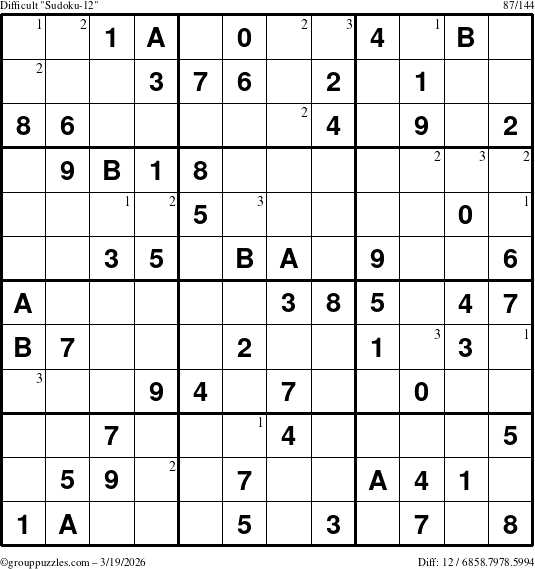 The grouppuzzles.com Difficult Sudoku-12 puzzle for Thursday March 19, 2026 with the first 3 steps marked
