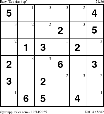 The grouppuzzles.com Easy Sudoku-6up puzzle for Tuesday October 14, 2025 with the first 3 steps marked