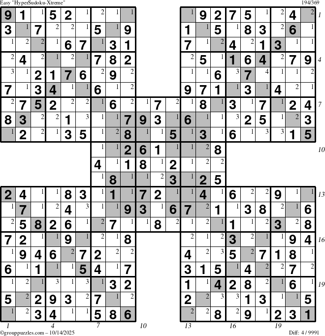 The grouppuzzles.com Easy HyperSudoku-Xtreme puzzle for Tuesday October 14, 2025 with all 4 steps marked