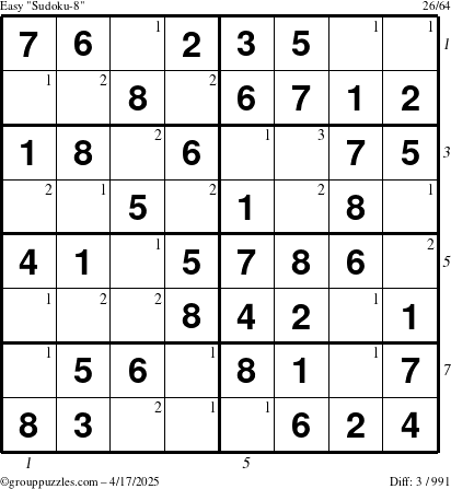 The grouppuzzles.com Easy Sudoku-8 puzzle for Thursday April 17, 2025, suitable for printing, with all 3 steps marked