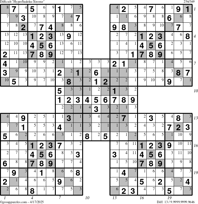 The grouppuzzles.com Difficult cover-HyperXtreme puzzle for Thursday April 17, 2025 with all 13 steps marked