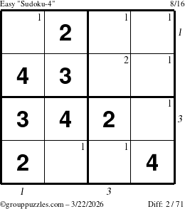 The grouppuzzles.com Easy Sudoku-4 puzzle for Sunday March 22, 2026 with all 2 steps marked
