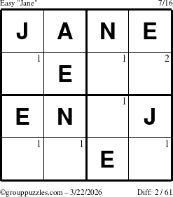 The grouppuzzles.com Easy Jane puzzle for Sunday March 22, 2026 with the first 2 steps marked