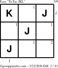 The grouppuzzles.com Easy TicTac-JKL puzzle for Sunday March 22, 2026 with all 2 steps marked