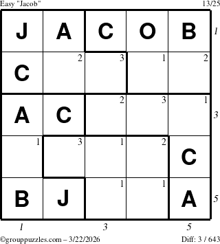 The grouppuzzles.com Easy Jacob puzzle for Sunday March 22, 2026, suitable for printing, with all 3 steps marked