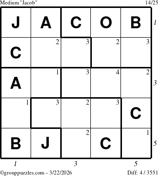 The grouppuzzles.com Medium Jacob puzzle for Sunday March 22, 2026 with all 4 steps marked