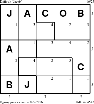 The grouppuzzles.com Difficult Jacob puzzle for Sunday March 22, 2026 with all 4 steps marked