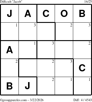 The grouppuzzles.com Difficult Jacob puzzle for Sunday March 22, 2026 with the first 3 steps marked