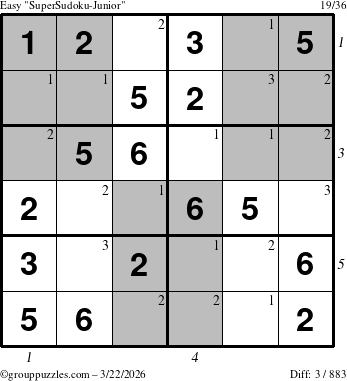 The grouppuzzles.com Easy SuperSudoku-Junior puzzle for Sunday March 22, 2026, suitable for printing, with all 3 steps marked