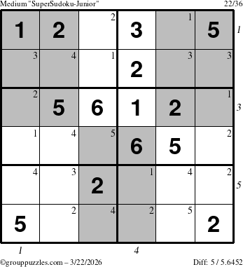 The grouppuzzles.com Medium SuperSudoku-Junior puzzle for Sunday March 22, 2026 with all 5 steps marked