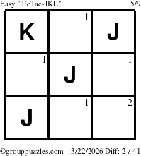 The grouppuzzles.com Easy TicTac-JKL puzzle for Sunday March 22, 2026 with the first 2 steps marked
