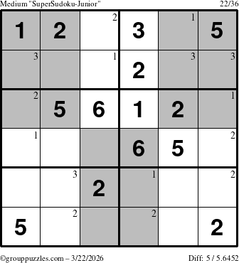The grouppuzzles.com Medium SuperSudoku-Junior puzzle for Sunday March 22, 2026 with the first 3 steps marked