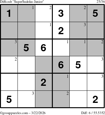 The grouppuzzles.com Difficult SuperSudoku-Junior puzzle for Sunday March 22, 2026 with the first 3 steps marked