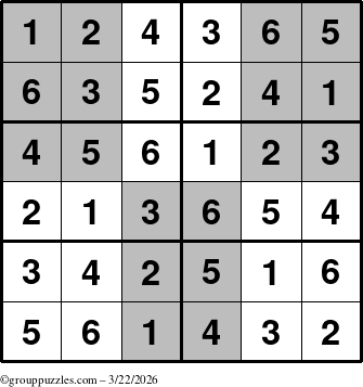 The grouppuzzles.com Answer grid for the SuperSudoku-Junior puzzle for Sunday March 22, 2026