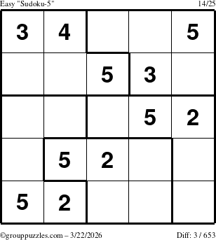 The grouppuzzles.com Easy Sudoku-5 puzzle for Sunday March 22, 2026