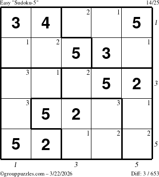 The grouppuzzles.com Easy Sudoku-5 puzzle for Sunday March 22, 2026, suitable for printing, with all 3 steps marked