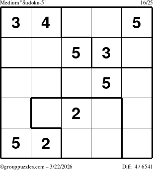 The grouppuzzles.com Medium Sudoku-5 puzzle for Sunday March 22, 2026