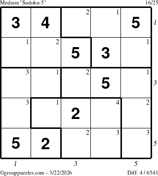 The grouppuzzles.com Medium Sudoku-5 puzzle for Sunday March 22, 2026 with all 4 steps marked